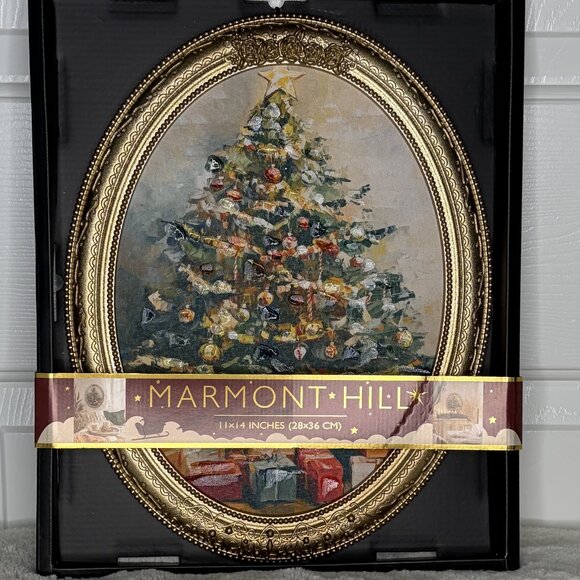 Marmont Hill Christmas Tree Oval Gold Frame Wall Art Holiday Décor 11x14 - Picture 1 of 3
